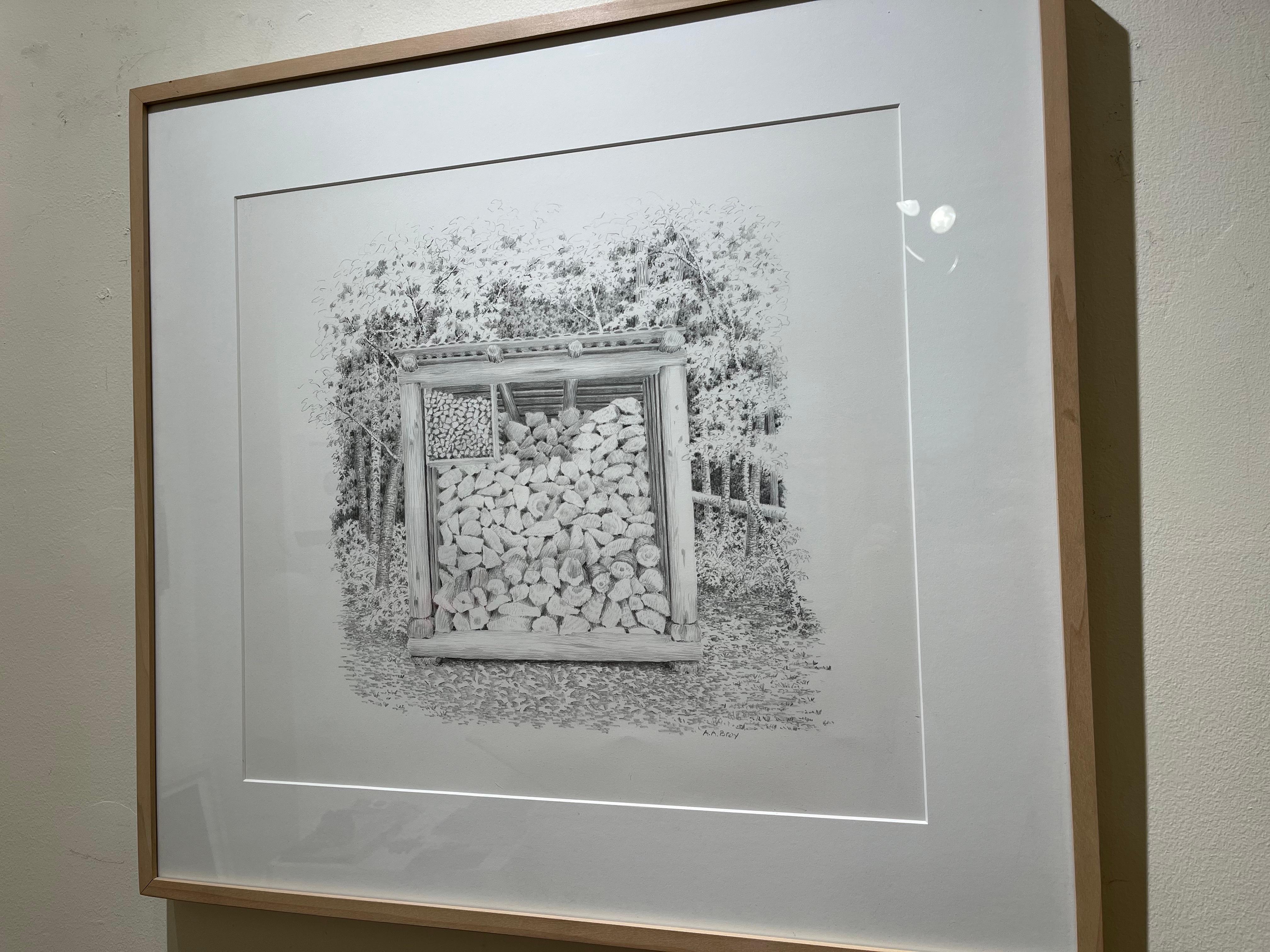 Woodshed Spencer Pond Camps, a Black and White Drawing of a Wood Pile in Forest - Art by Alan Bray