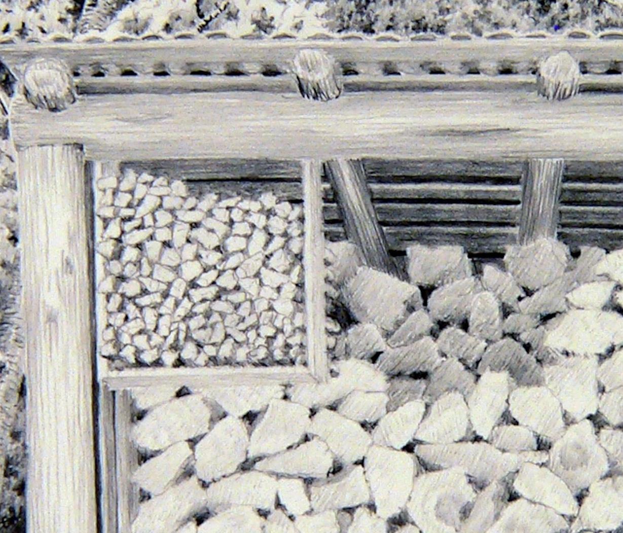 This original graphite drawing by Alan Bray captures a meticulously stacked woodshed in a tranquil forest setting. With fine detail and precision, Bray’s work evokes the quiet beauty of rural landscapes, emphasizing texture, structure, and natural