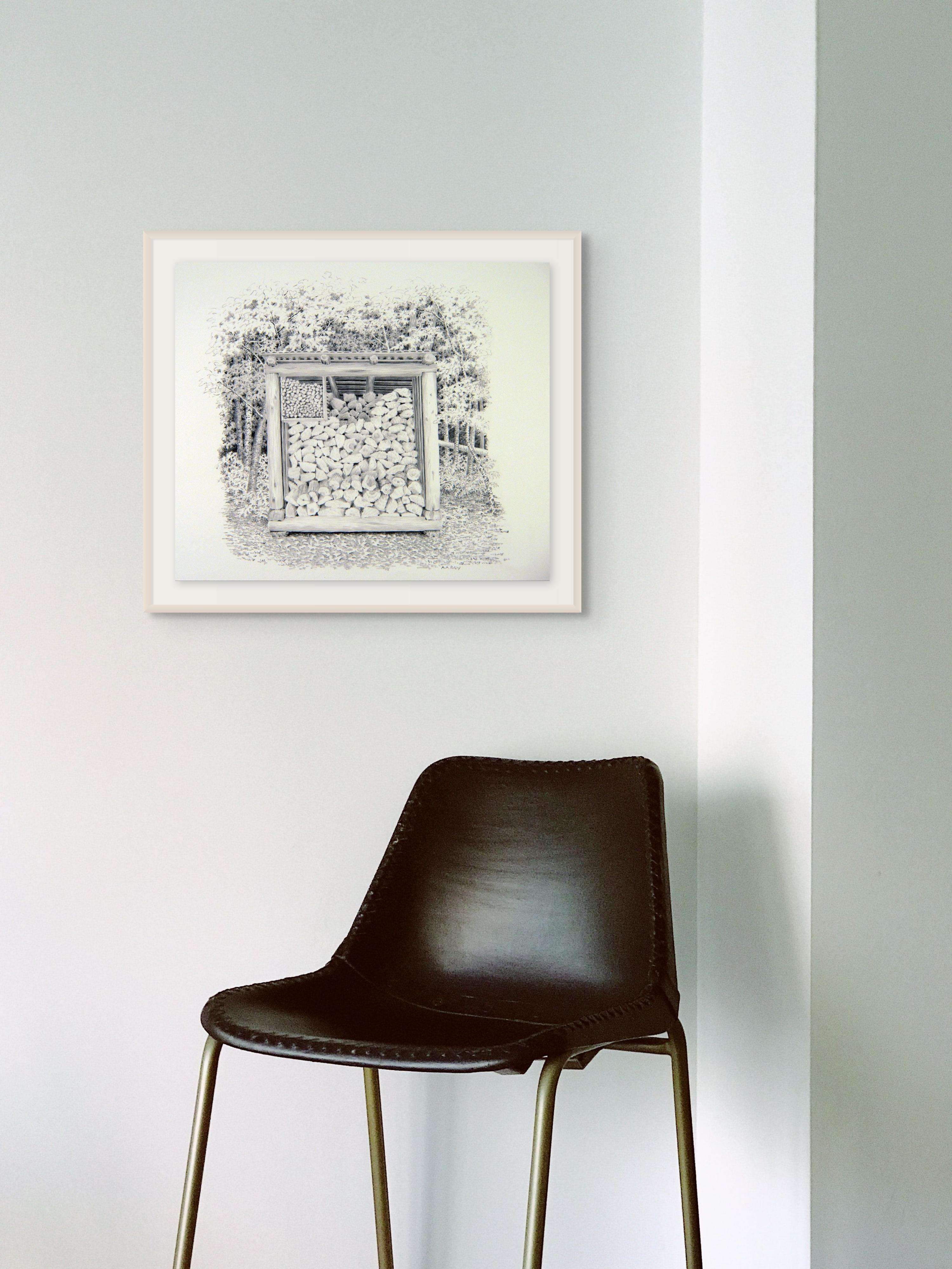 Woodshed Spencer Pond Camps, a Black and White Drawing of a Wood Pile in Forest For Sale 2