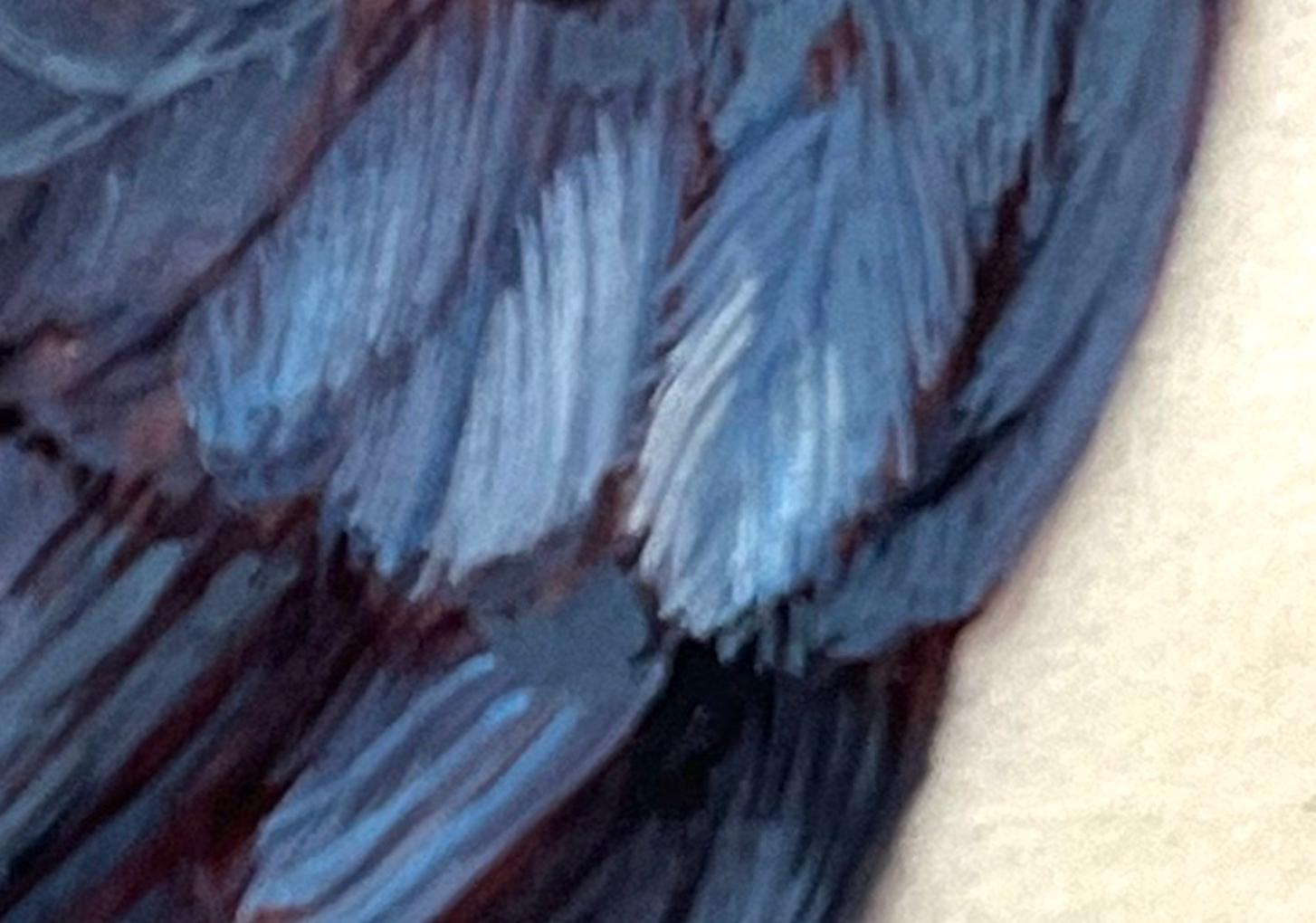 Rabe, Contemporary Miniature Realist Painting eines schwarzen Vogels mit blauen Tönen (Weiß), Animal Art, von Dina Brodsky