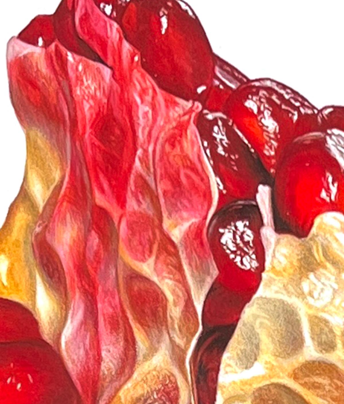 Pomegranate Section, Hyperreal Red Fruit Drawing in Colored Pencil on Paper - Contemporary Art by David Morrison