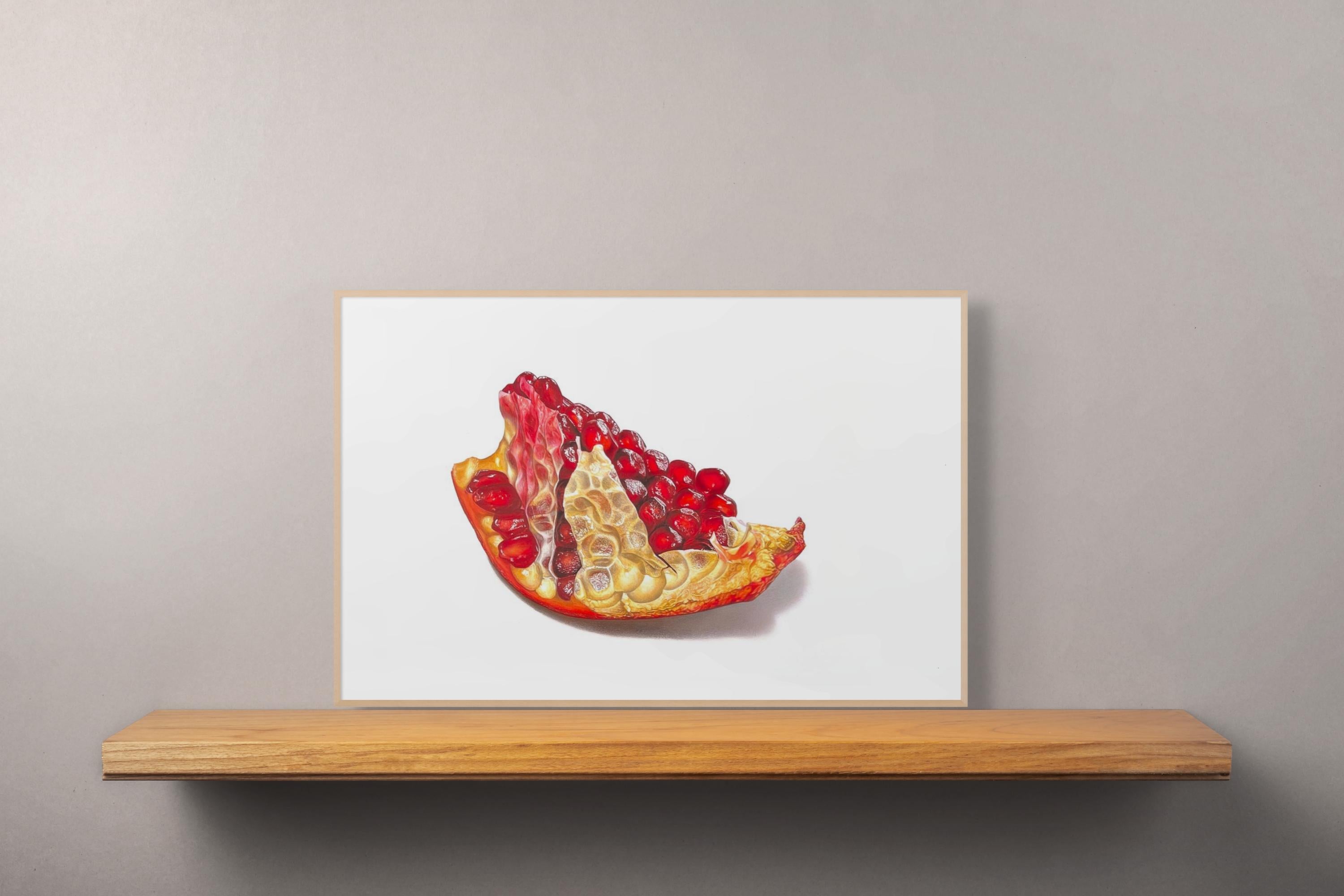 Pomegranate Section, Hyperreal Red Fruit Drawing in Colored Pencil on Paper For Sale 1