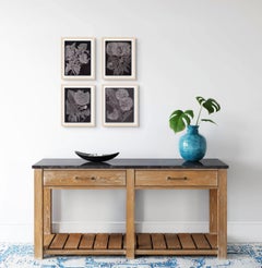 Cuatro dientes de león, Obra de arte botánico en grafito fino sobre papel negro