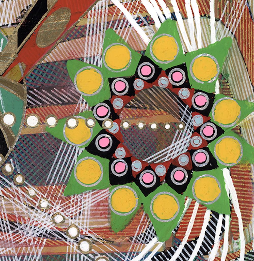 Plan A - Abstrait géométrique multicolore vibrant, 11 x 15 po (16,5 x 20,5 po) fra - Marron Abstract Painting par Amy Cheng