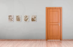 Dandelions With Buds, Botanical Wildflower Plant Flowers Brown Walnut Ink, 16x12