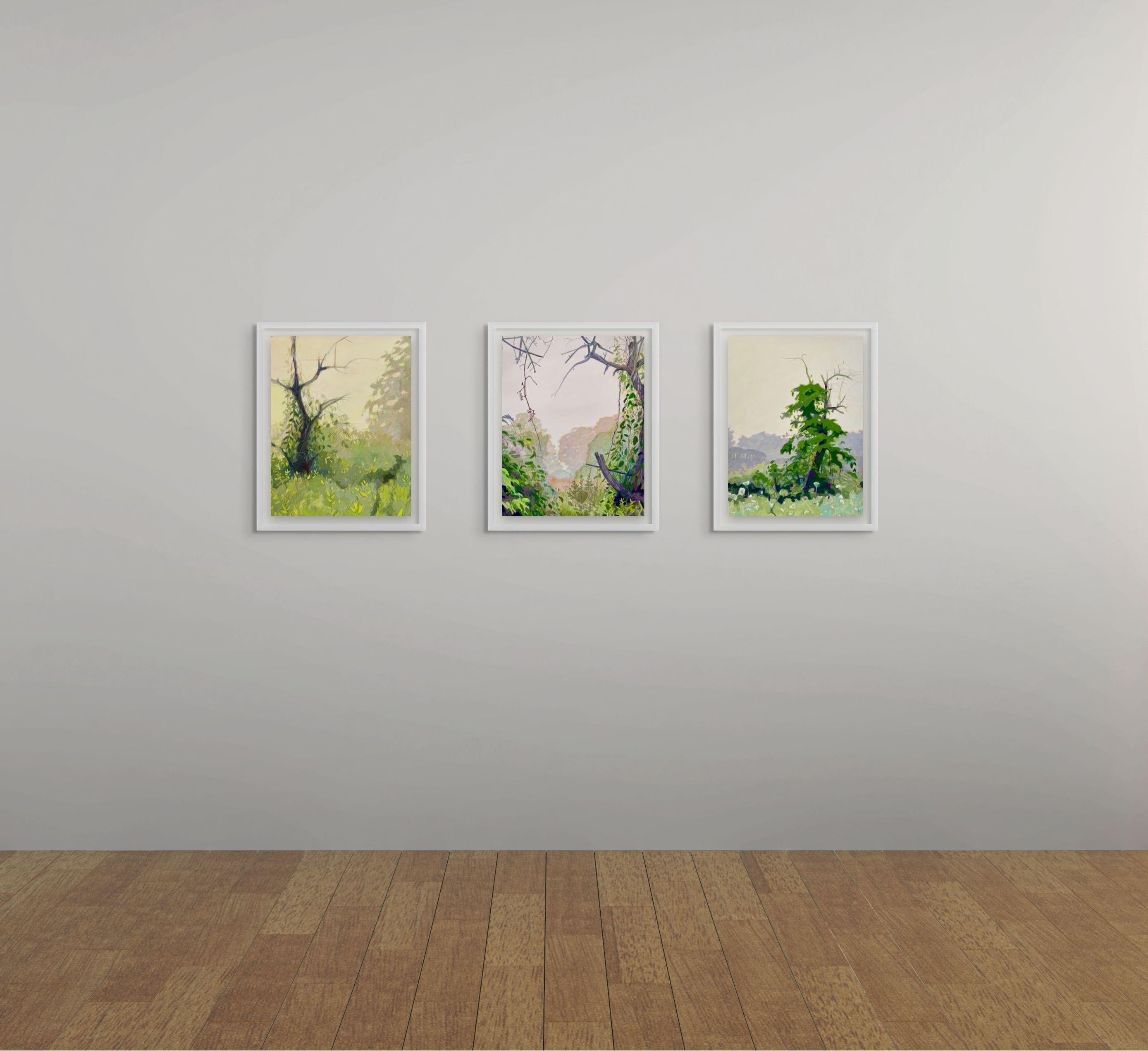 Frutteto in pensione, 20x15 pollici. Disegno di un paesaggio lussureggiante contemporaneo - Painting di Sandy Litchfield