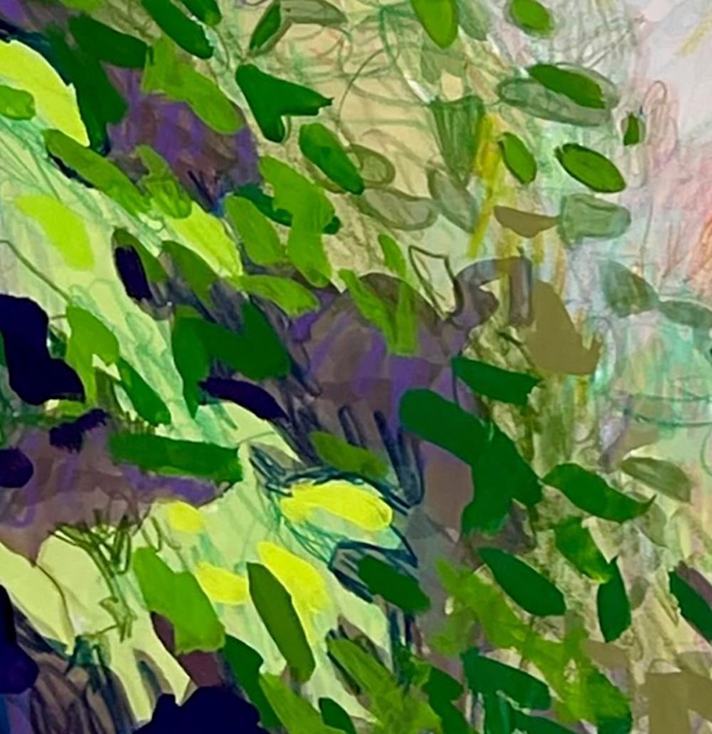 Frutteto in pensione, 20x15 pollici. Disegno di un paesaggio lussureggiante contemporaneo - Painting Contemporaneo di Sandy Litchfield