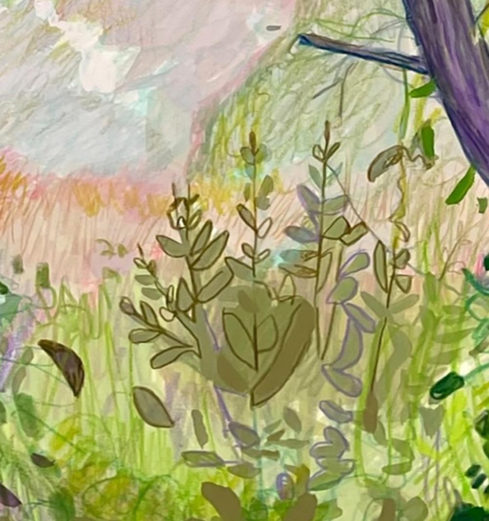 Frutteto in pensione, 20x15 pollici. Disegno di un paesaggio lussureggiante contemporaneo - Landscape Painting Beige di Sandy Litchfield