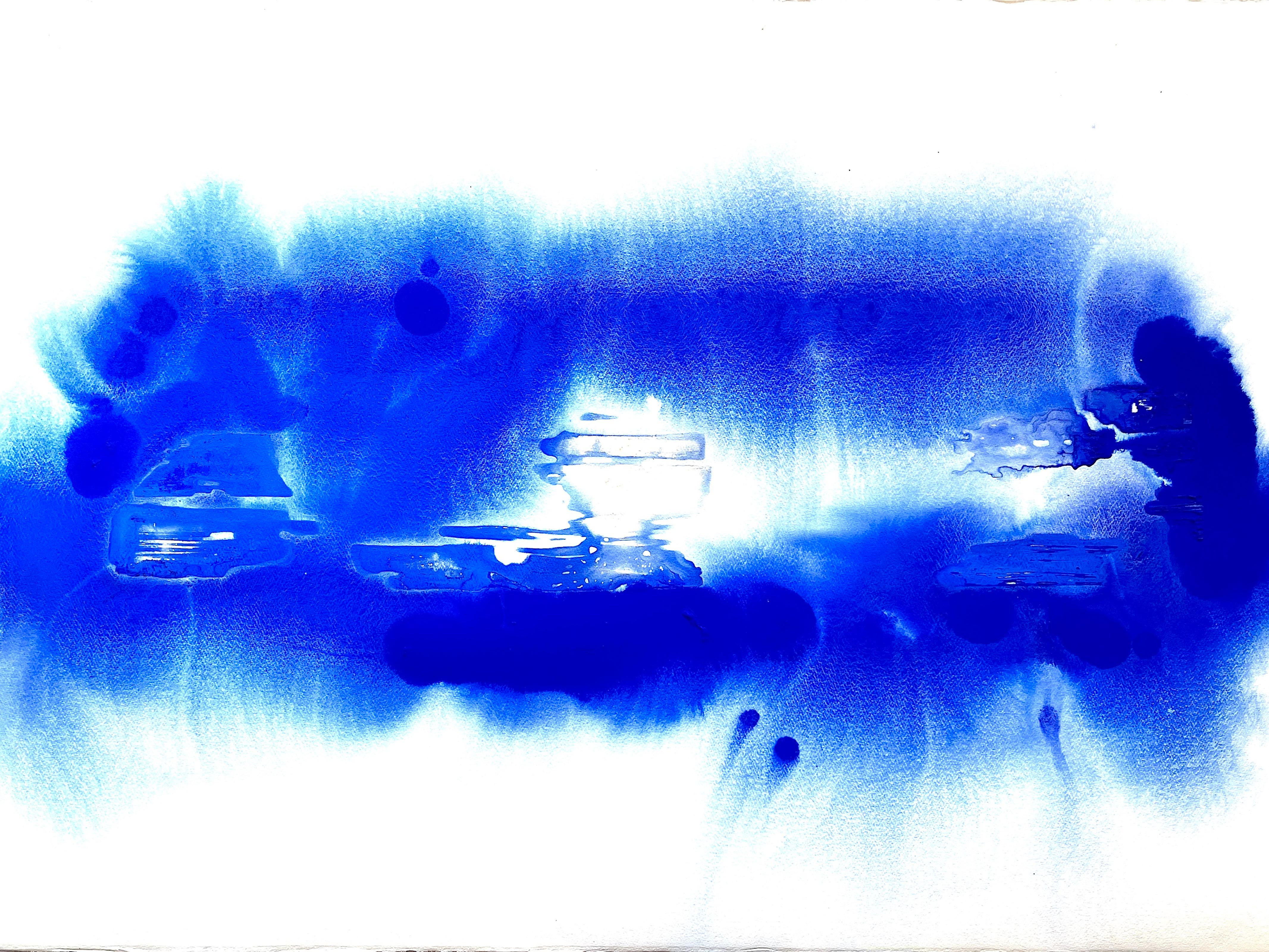 Ellen Hackl Fagan Abstract Drawing - A Taxonomy of Pond Weed_Cedar Shake Removed, 30 x 42., Atmospheric Blue Abstract