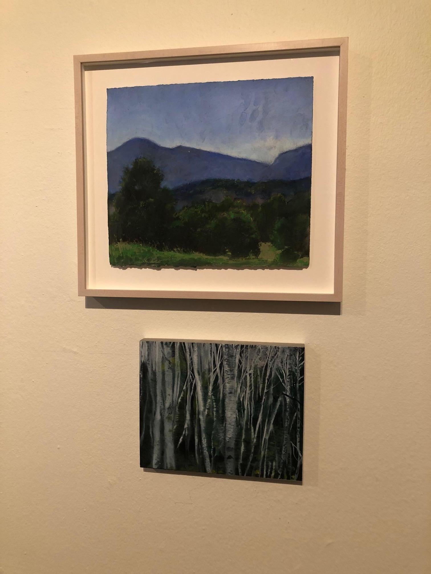 Late Summer Light, Germantown, blue and green oil pastel twilight landscape - Art by Daisy Craddock