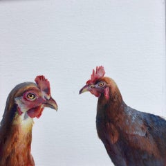 Dina Brodksy, Chickens, realist gouache on paper animal miniature, 2018