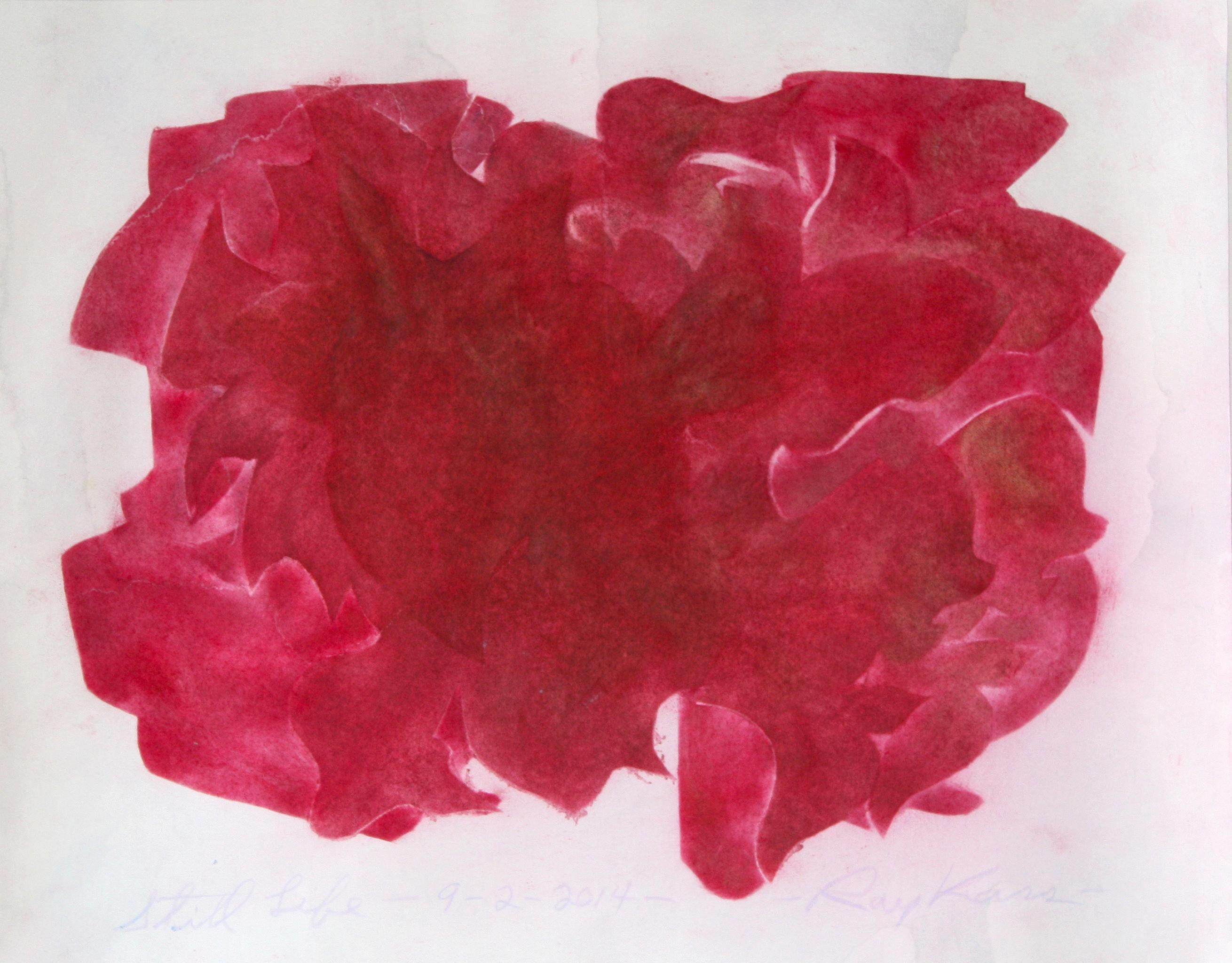 Ray Kass uses watercolor and other media to represent the processes of nature at work in his paintings. In his garden and landscape scenes, Kass captures texture, light and form in geometric bursts of red. The resulting playful, organic forms are