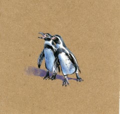 Squabbling Penguins, zeitgenössisches realistisches Tier-Aquarell auf Papier