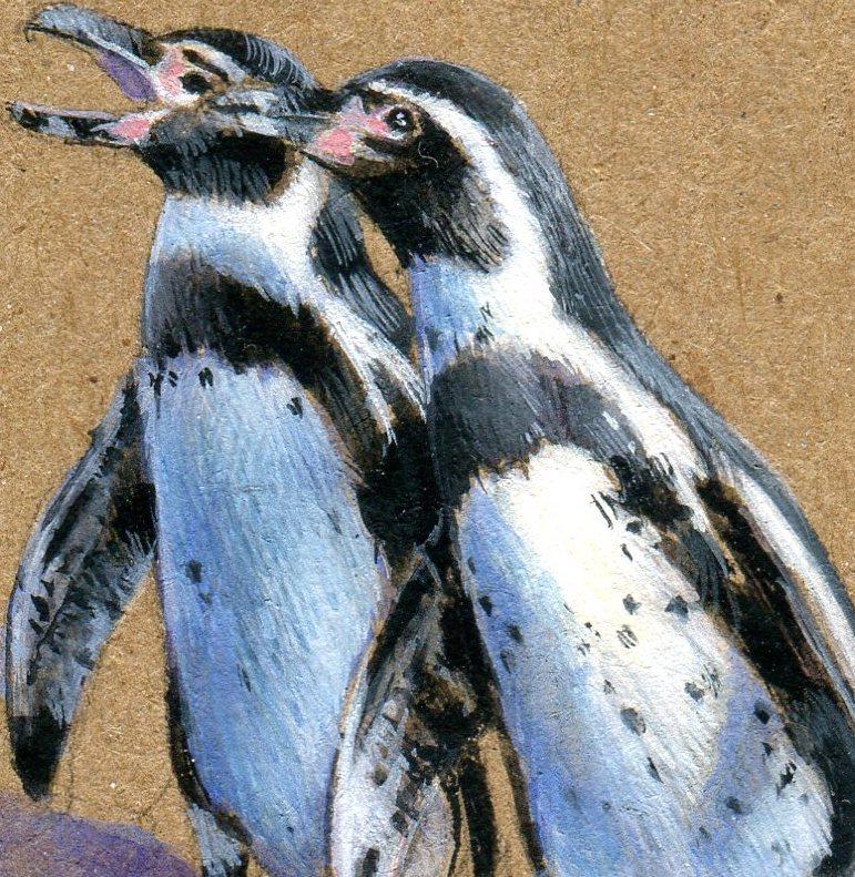 Aquarelle sur papier contemporaine « Squabbling Penguins » représentant des animaux réalistes - Art de Dina Brodsky