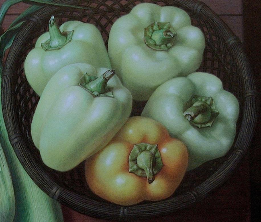 Maize and Capsicum, surrealist vegetable still life egg tempera painting, 2016 (Surrealismus), Painting, von Douglas Safranek