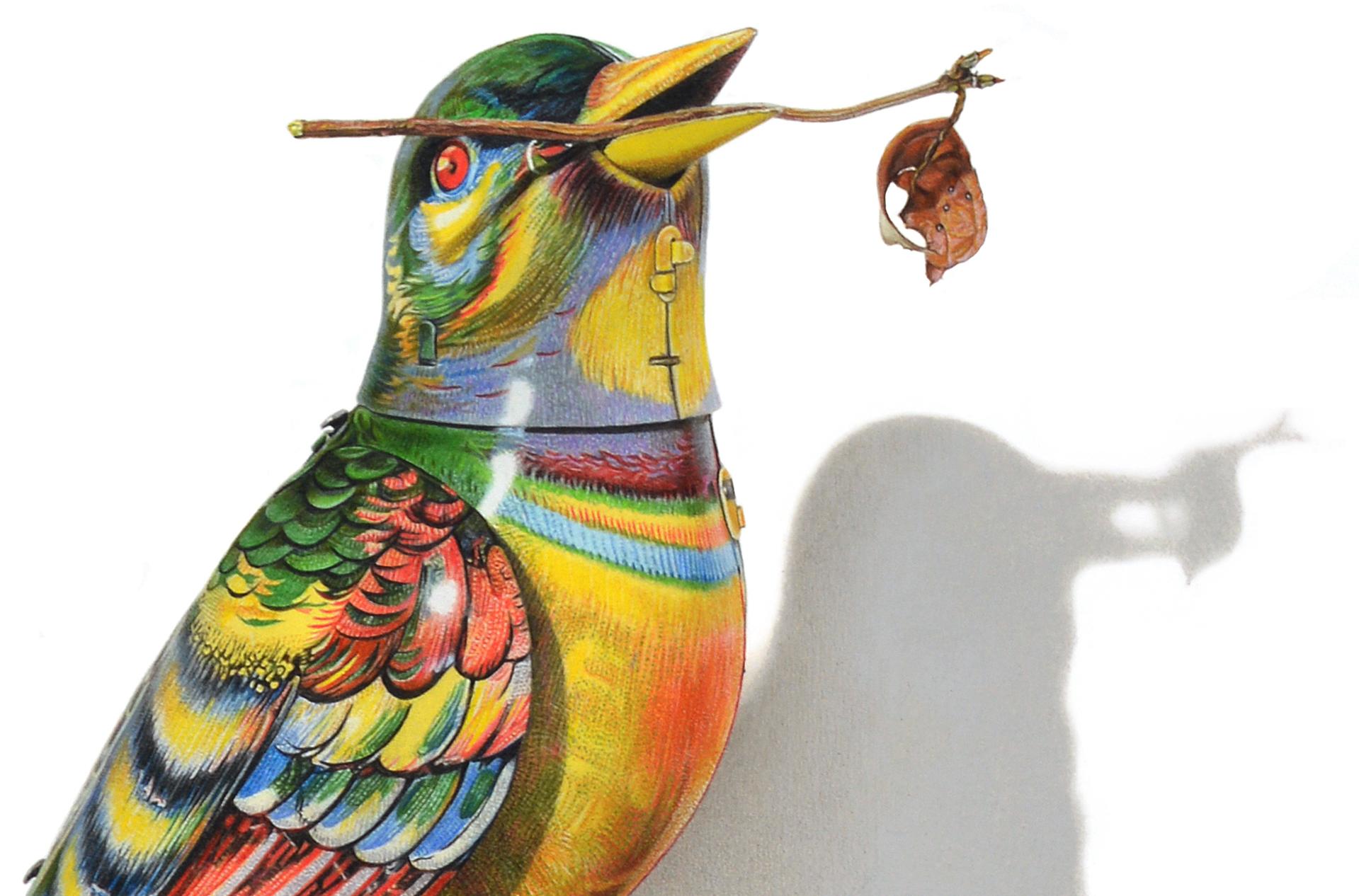 David Morrison, Wind-Up Bird No. 1, hyperrealistisches Bleistifttier in Farbe, 2019 im Angebot 3