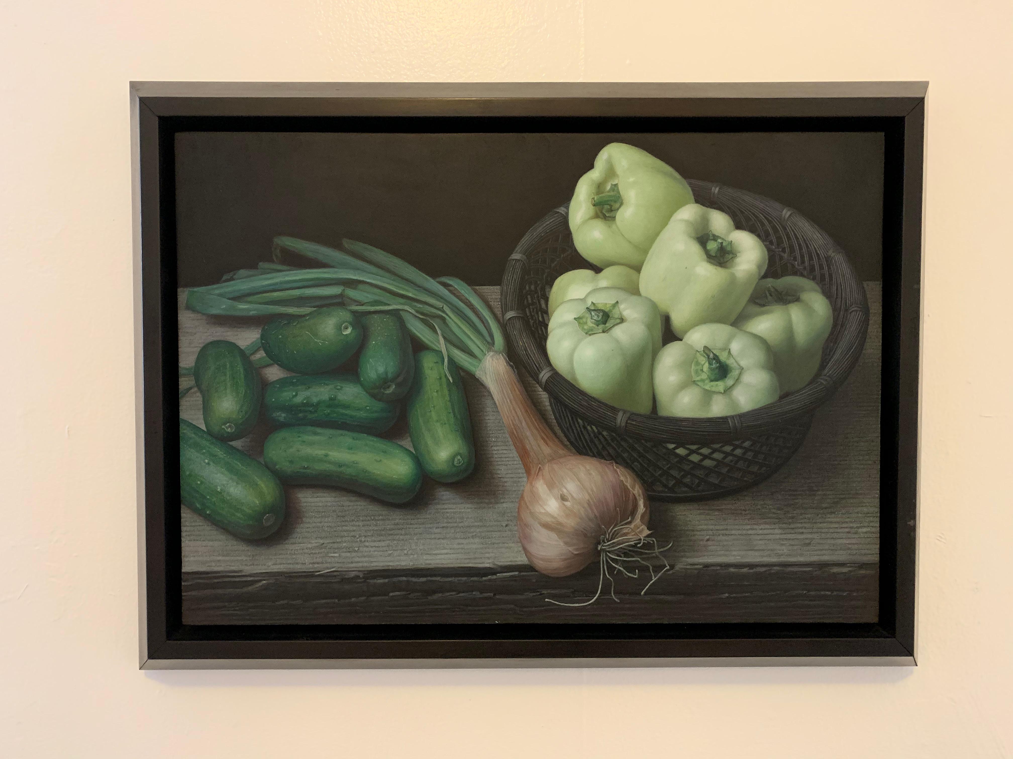White Peppers, Gherkins, and a Shallot, egg tempera surrealist still life - Painting by Douglas Safranek