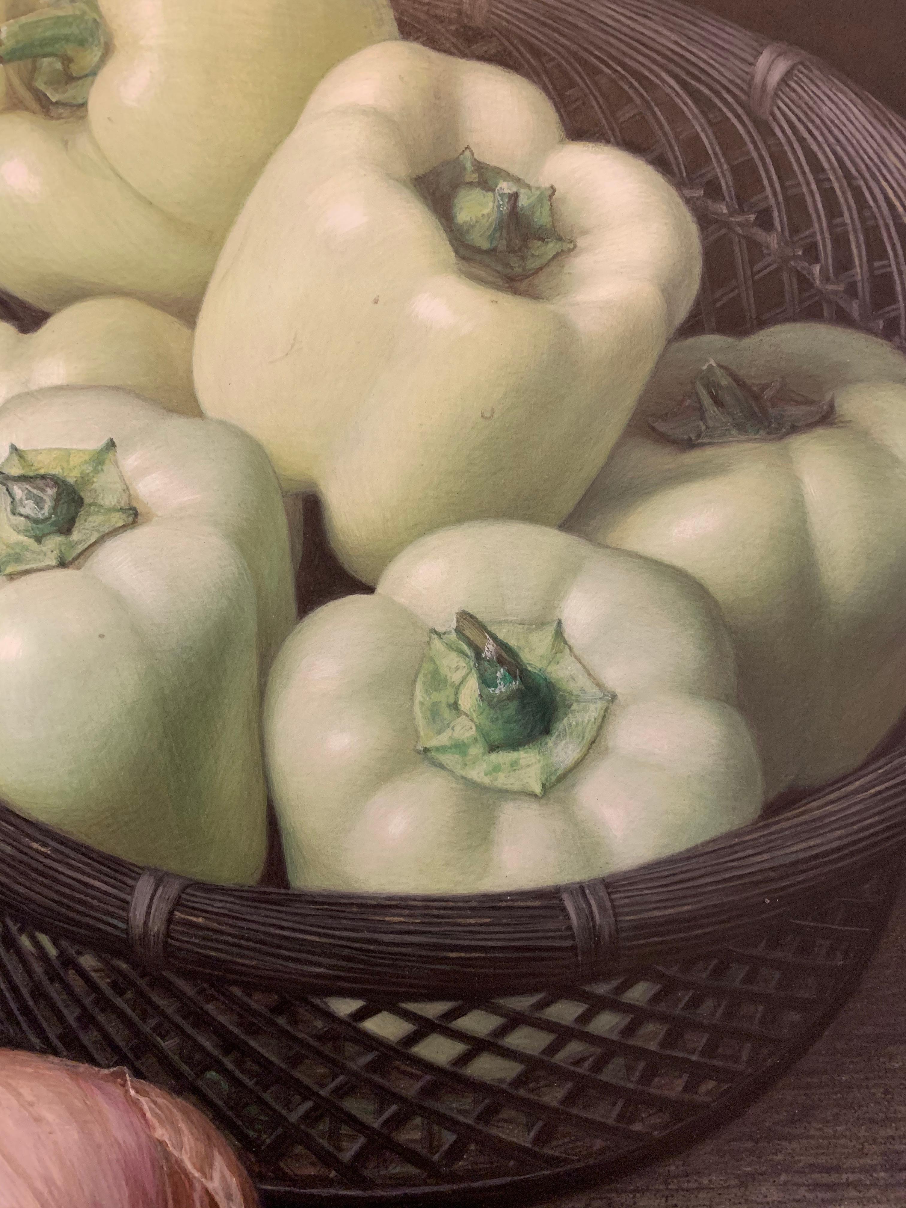 White Peppers, Gherkins, and a Shallot, egg tempera surrealist still life - Surrealist Painting by Douglas Safranek