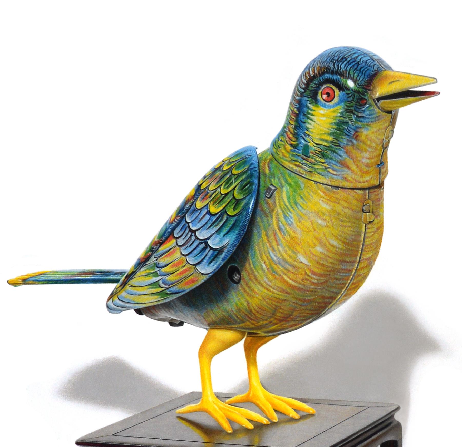 David Morrison, Oiseau à remontoir n° 3, dessin d'animal au crayon en couleur hyperréaliste en vente 1