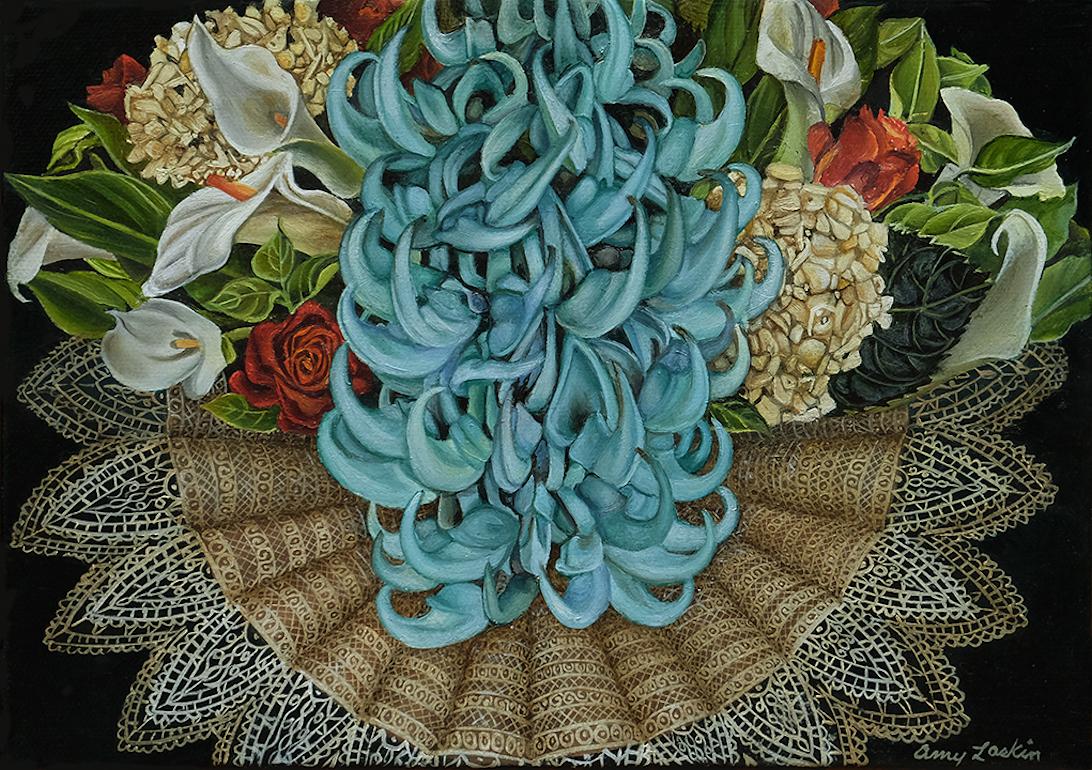 Amy Laskin Still-Life - Lace Collar with Jade, baroque surrealist floral still life painting