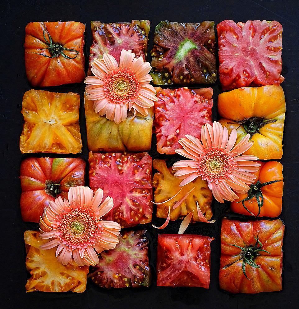 Heirloom Grid, absurdist, pink patterned, staged food and flower photograph