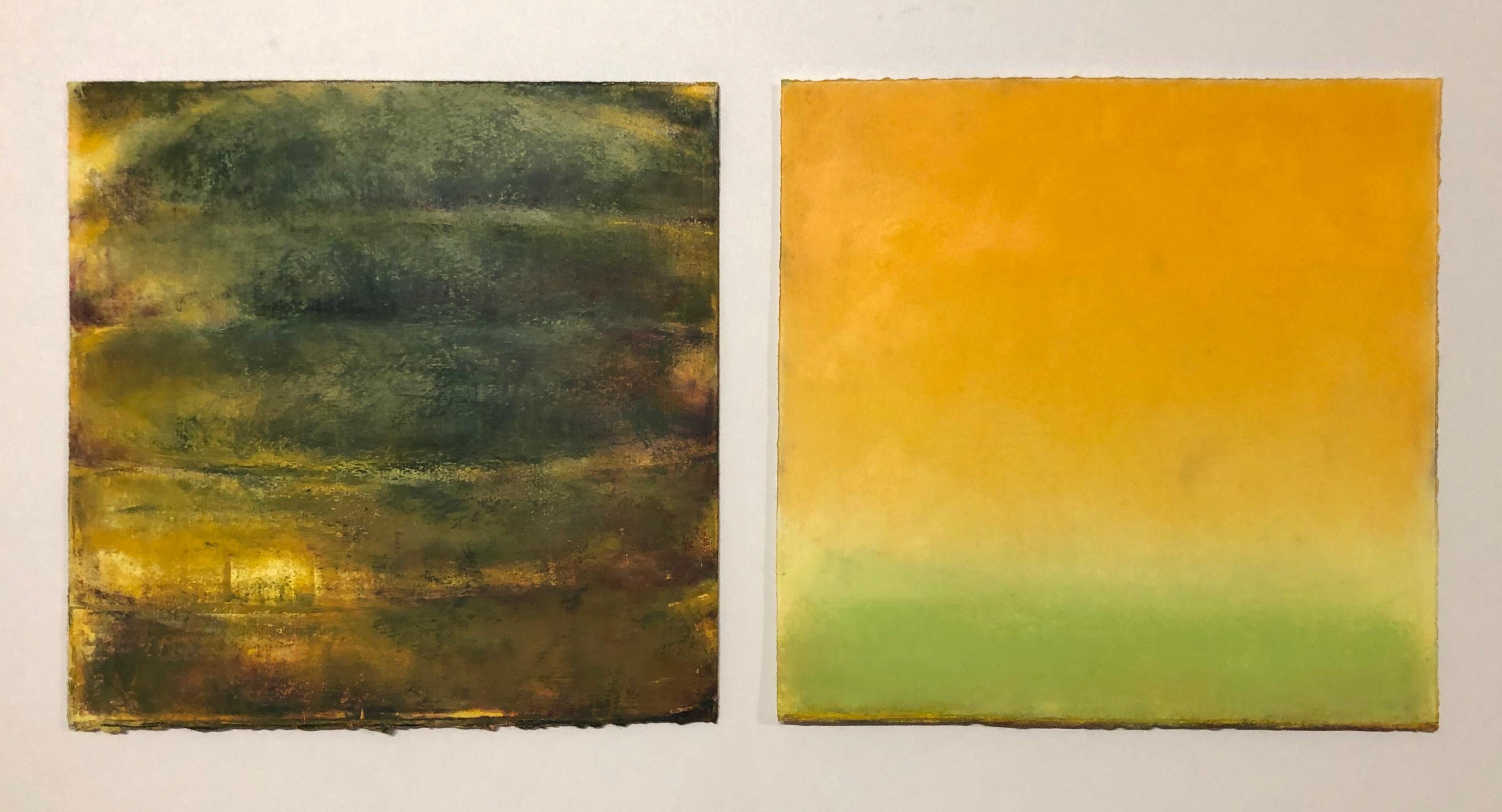 Nature morte abstraite à l'huile pastel vert et orange « Amy's Colossal », 2019