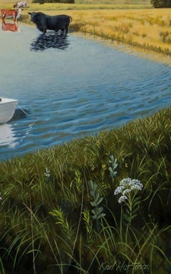 Boat and Pond, realist landscape and animal oil painting, 2020
