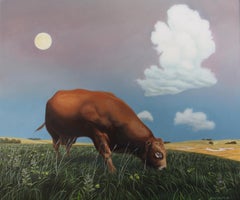 Moon Over Red Bull, realist landscape Americana oil painting, 2019