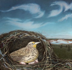 Sleeping Meadowlark, realist landscape and bird Americana oil painting, 2017