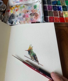 Coquette Rufus Crested, portrait miniature d'oiseau réaliste à la gouache, 2020