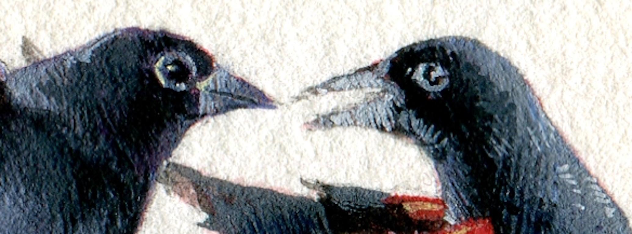 Rot geflügelte schwarze Vögel, realistisches Miniatur-Vogelporträt in Gouache auf Papier, 2020 (Realismus), Art, von Dina Brodsky