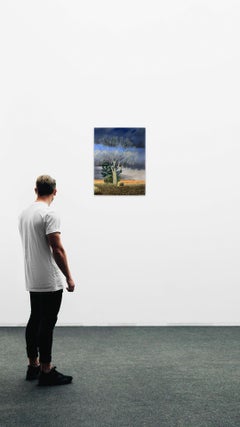 Bare Cottonwood, Open Field, Surreal Pastoral Landscape Painting, 24 x 16 in
