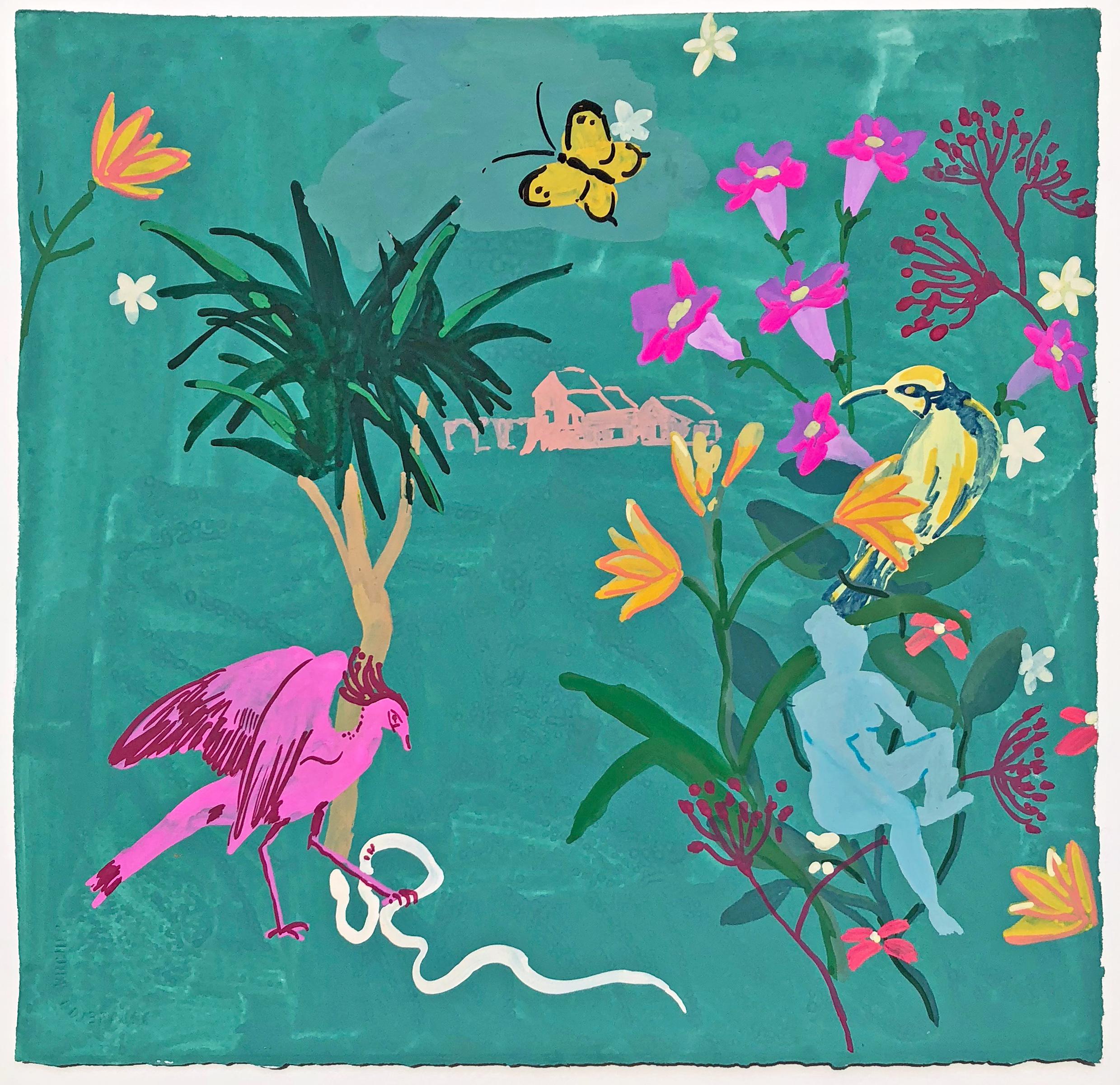 Melanie Parke Animal Art - Village Crane, vibrant gouache on paper genre scene