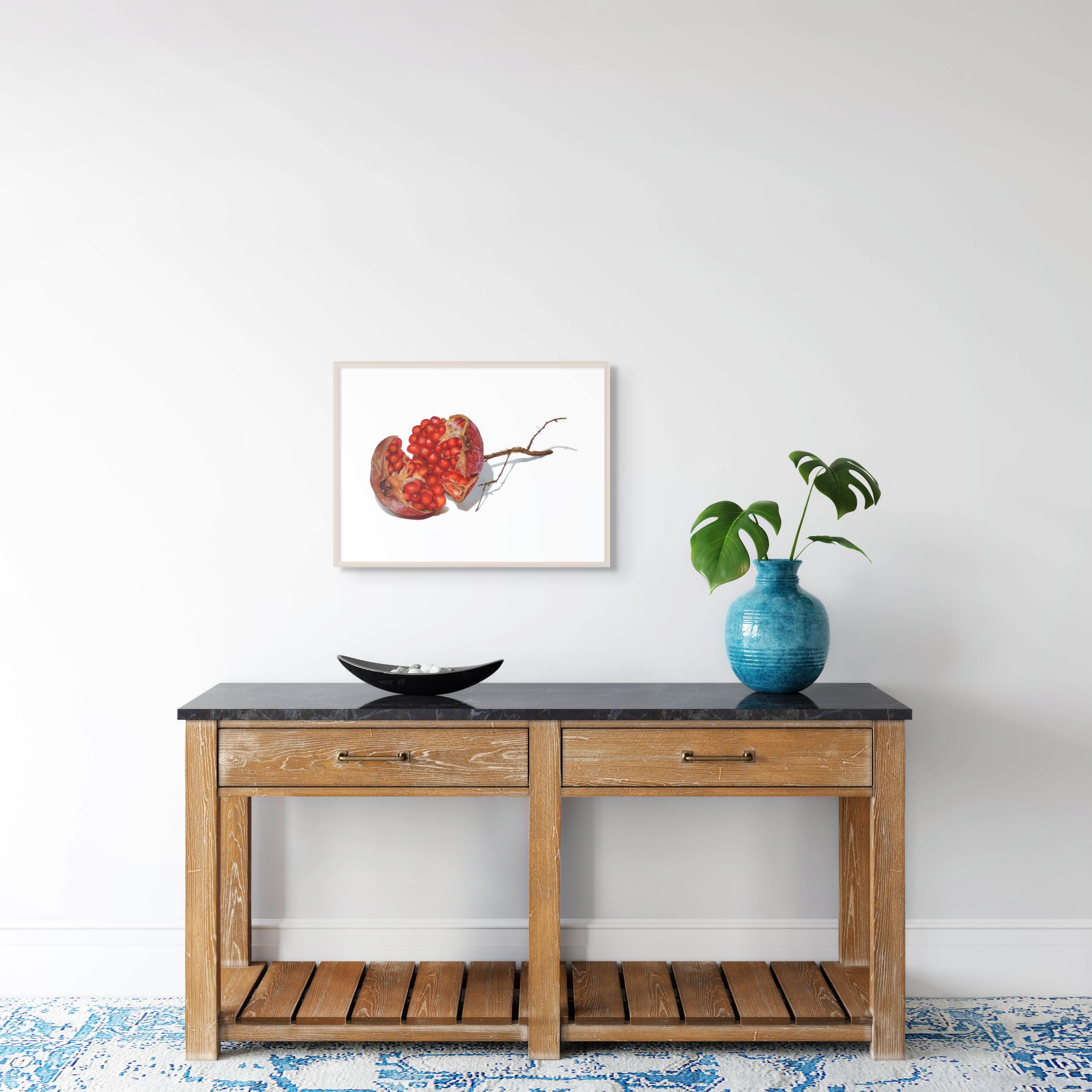 Granatapfel, fotorealistische Obst-Stillleben-Zeichnung, Farbstift im Angebot 1