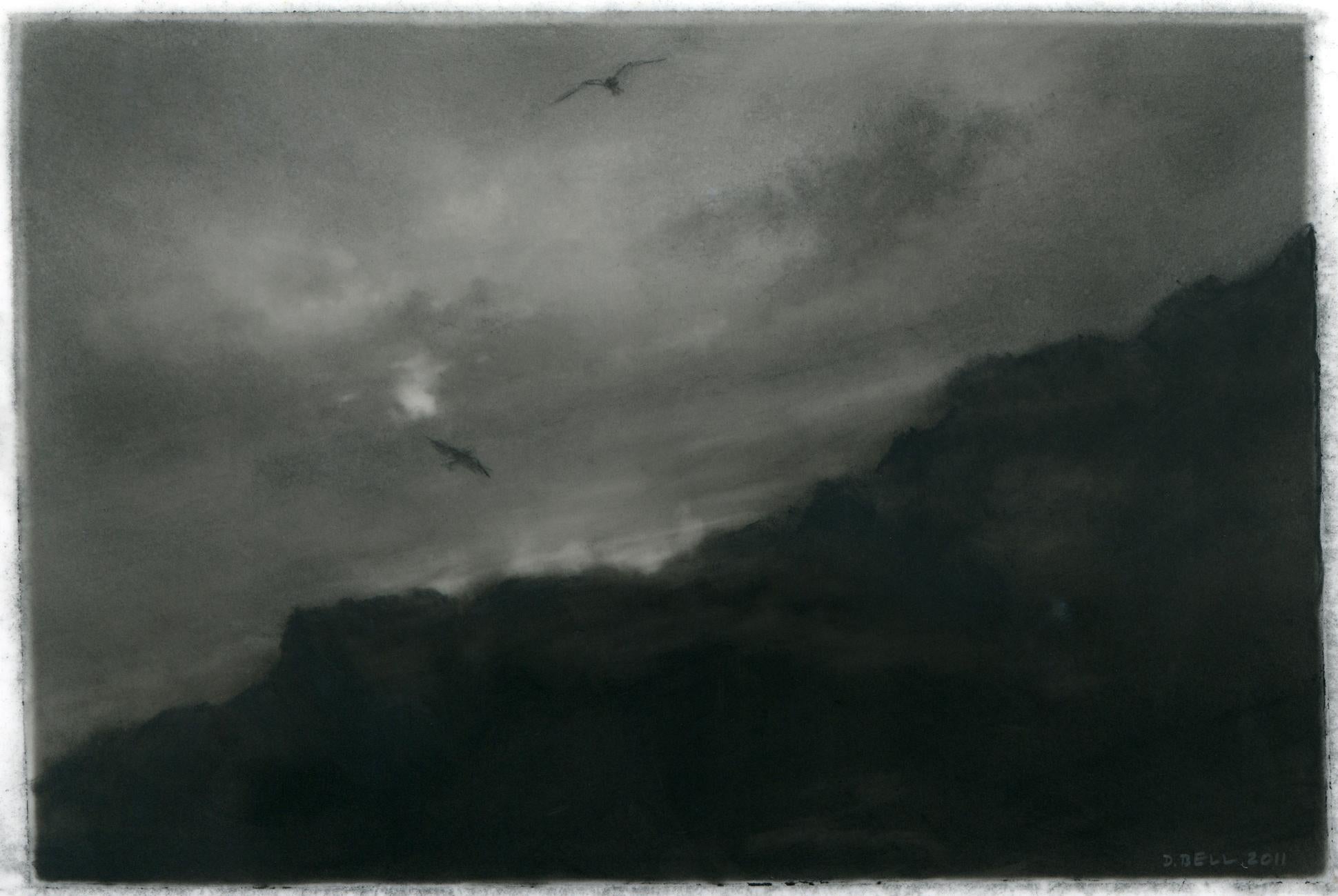 Dozier Bell Landscape Art - Raptors, realist black and white charcoal skyscape drawing
