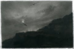 Raptors, realist black and white charcoal skyscape drawing