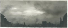 Flock, city, realist black and white charcoal skyscape drawing