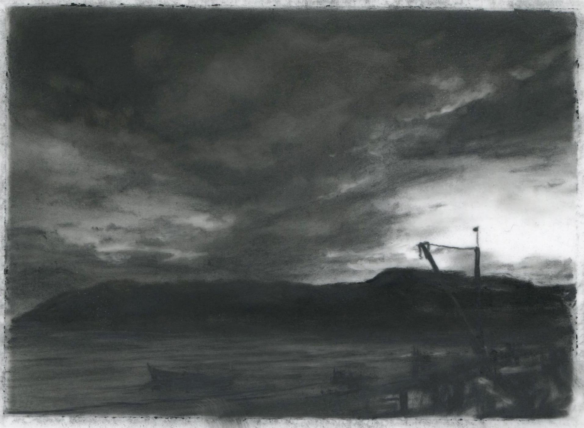Dozier Bell Landscape Art - Monhegan, dock, realist black and white charcoal landscape drawing