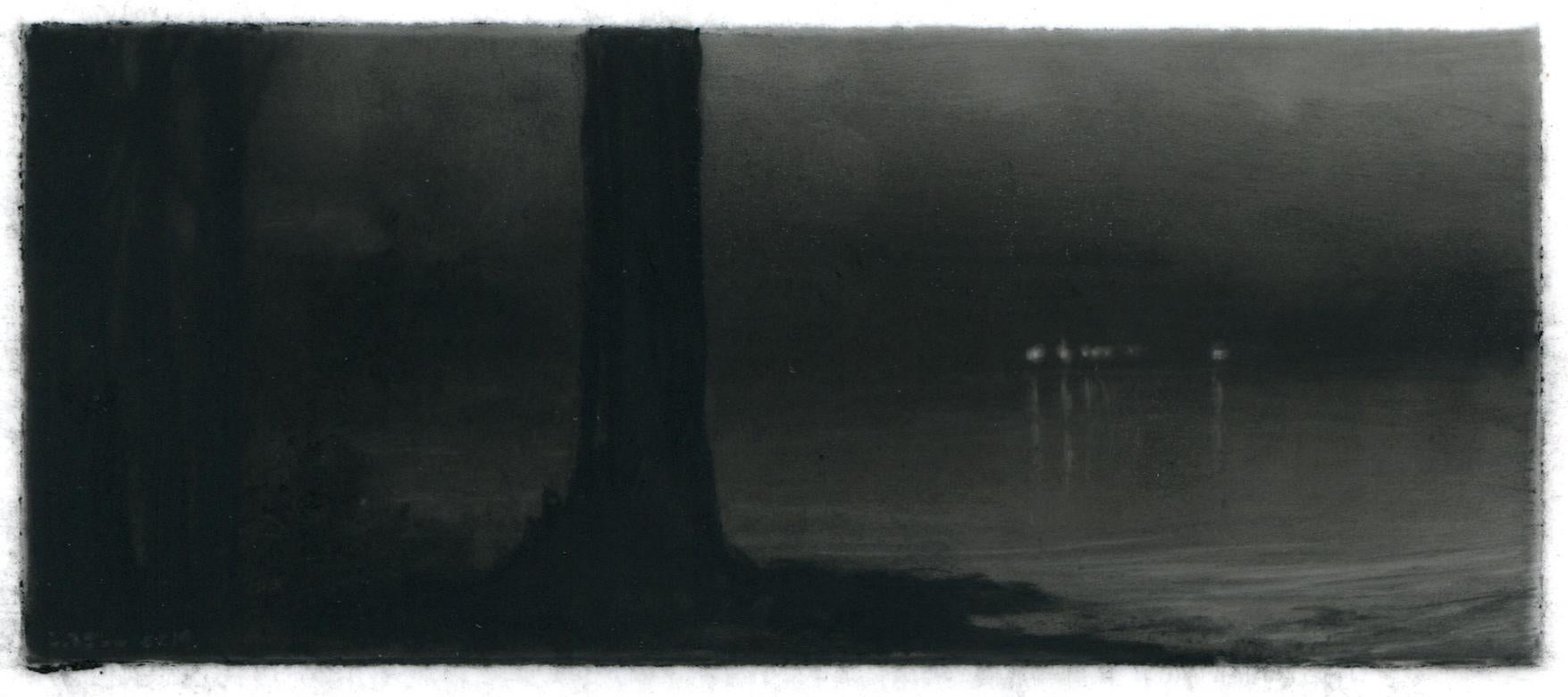 Dozier Bell Landscape Art - Night cove, realist black and white charcoal landscape drawing