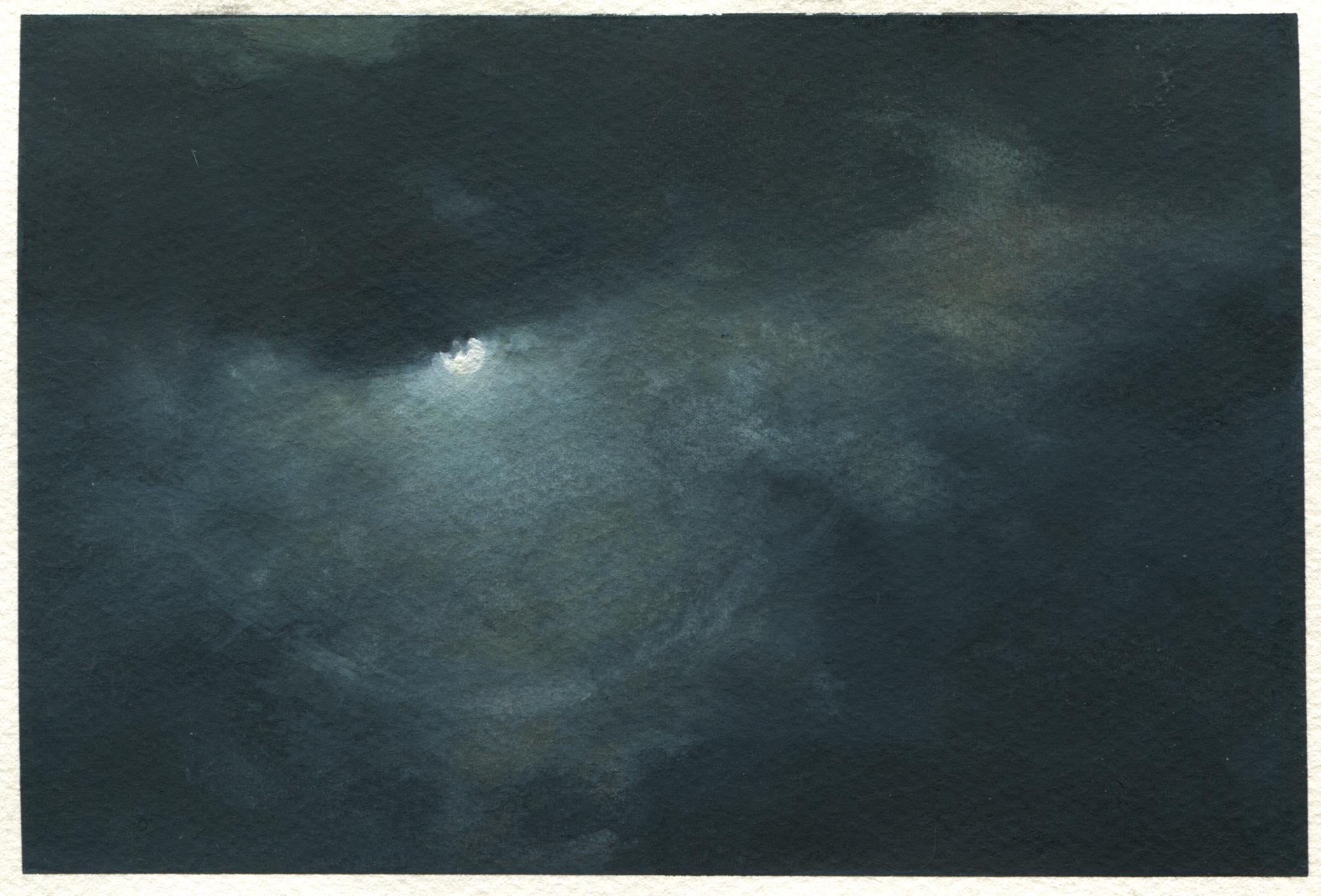 Dozier Bell Landscape Art - Moon ring, clouds, northeastern seascape watercolor