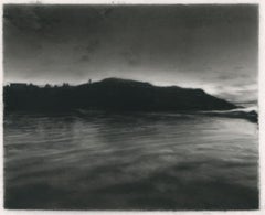 Monhegan harbor, nightfall, realist black and white charcoal landscape drawing