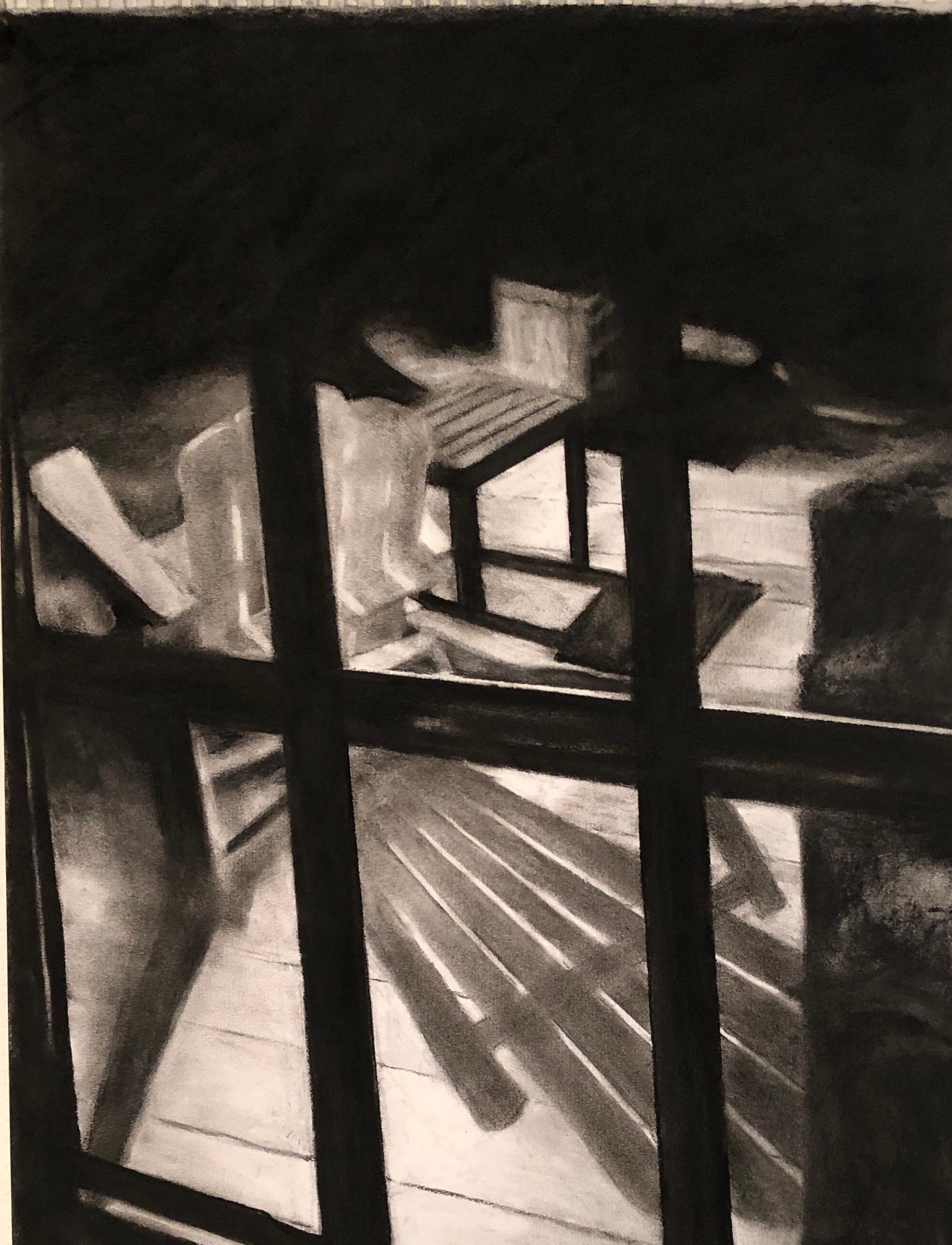 Charles Yoder Interior Art - Moon Shadows, black and white charcoal interior drawing