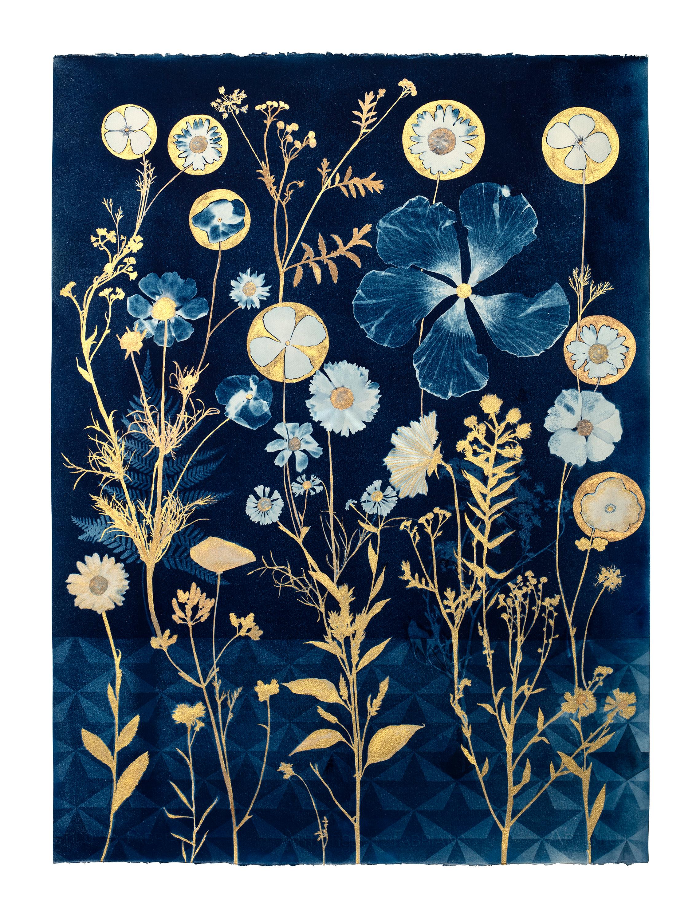 Julia Whitney Barnes Still-Life - Cyanotype Painting (Gold Hibiscus, Cosmos, Ferns, Floor Pattern), still life