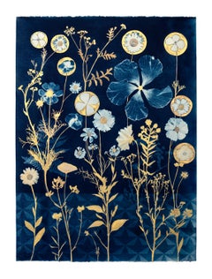 Cyanotype Painting (Gold Hibiscus, Cosmos, Ferns, Floor Pattern), still life