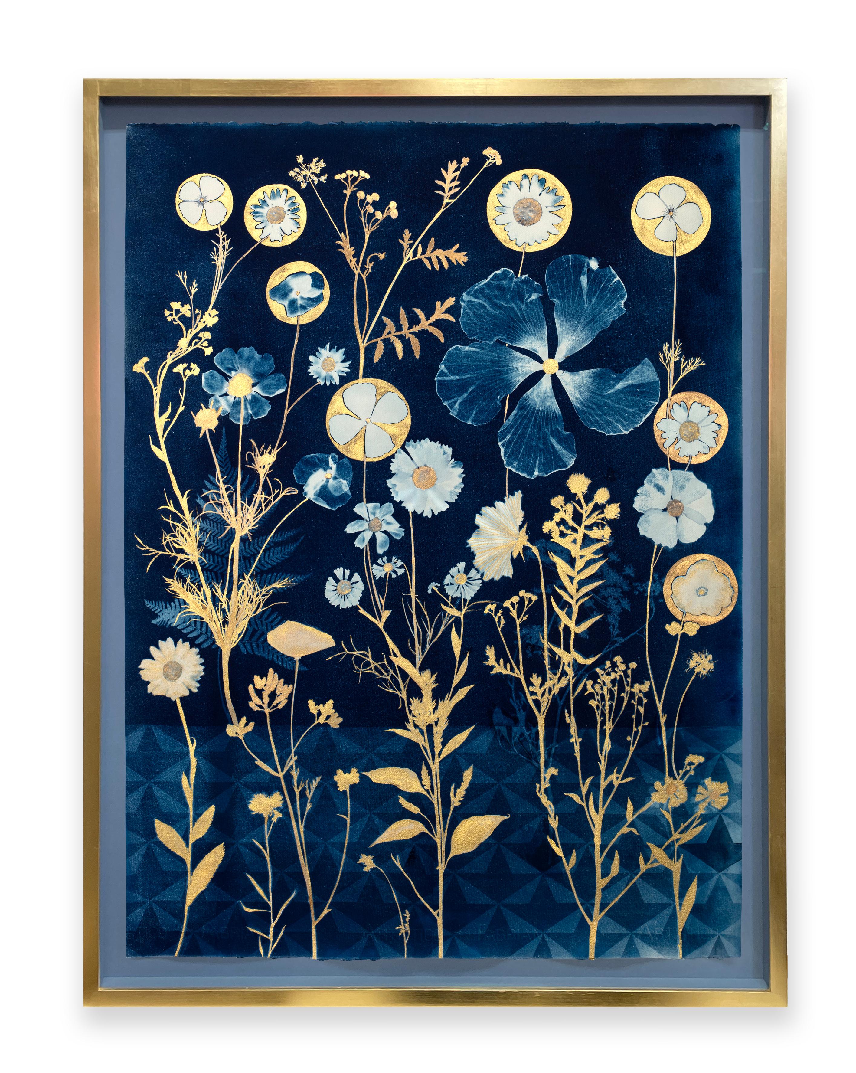 Cyanotype Painting (Gold Hibiscus, Cosmos, Ferns, Floor Pattern), still life - Art by Julia Whitney Barnes