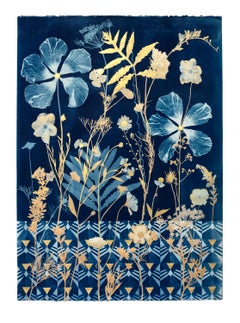 Cyanotype Painting, Gold Hibiscus, Daisies, Cosmos, Fern, Art Deco Floor Pattern
