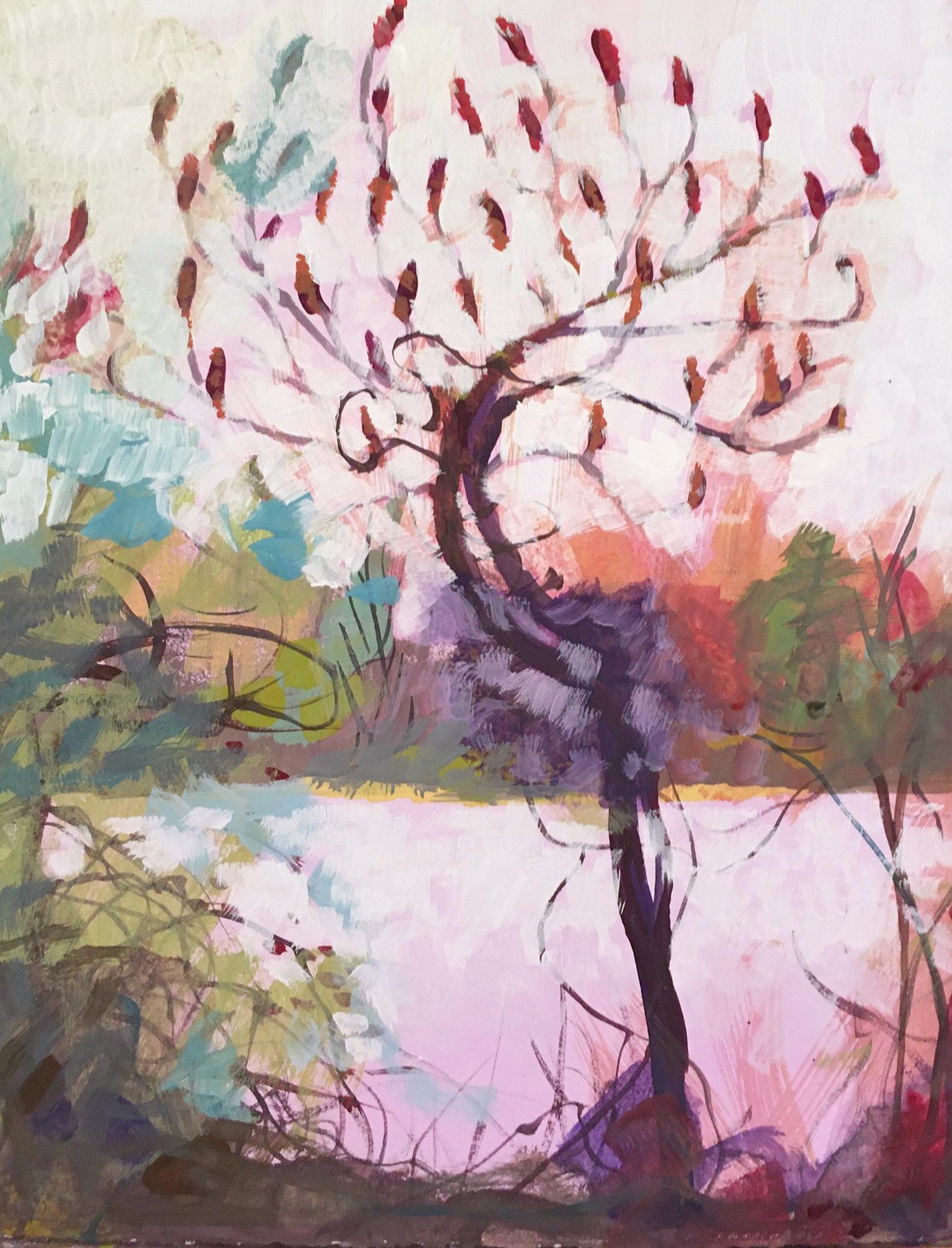 Sandy Litchfield - Sumac, peinture à la gouache impressionniste abstraite  colorée de paysage En vente sur 1stDibs