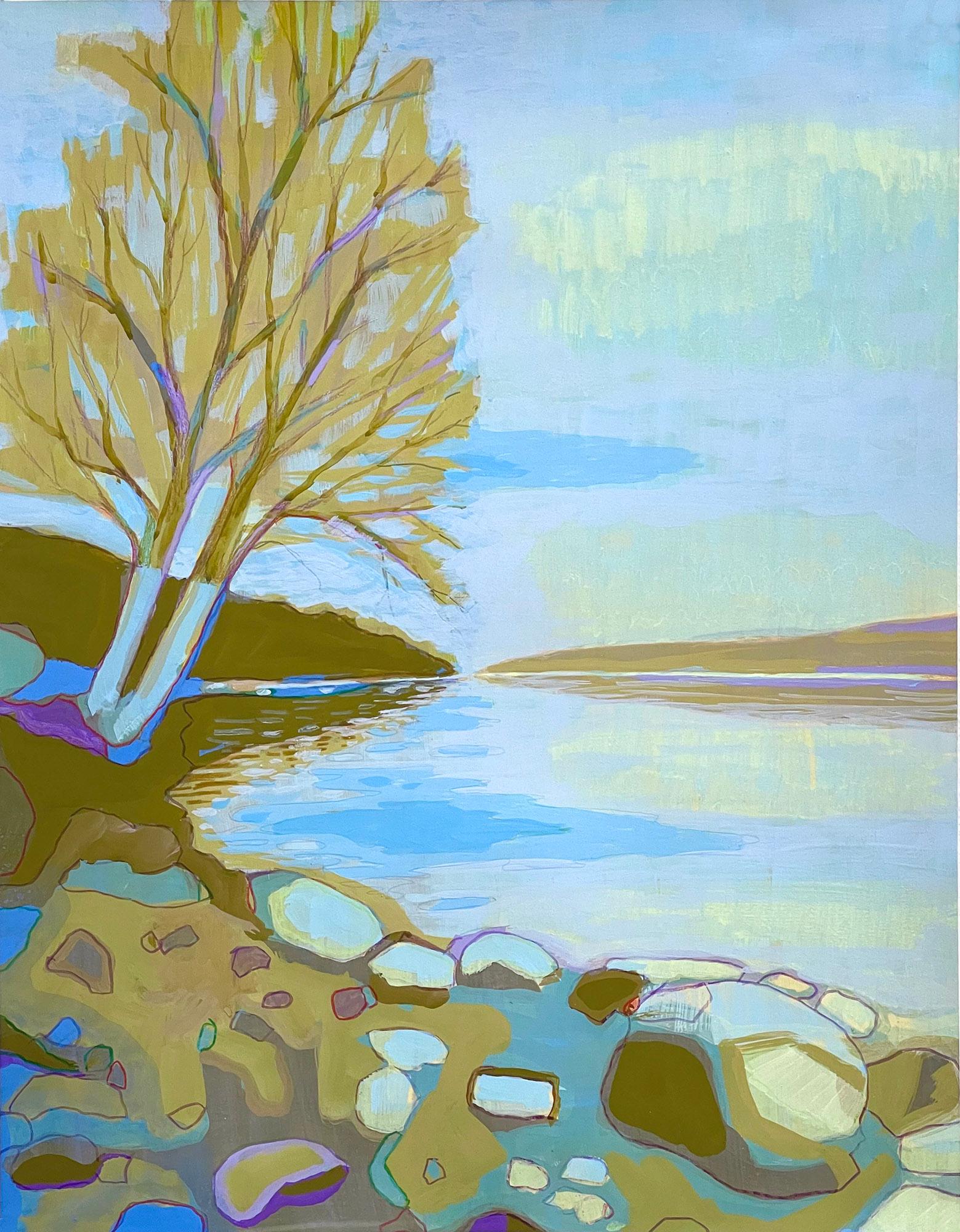 Sandy Litchfield Landscape Art - Low Reservoir, colorful Abstract Impressionist landscape gouache