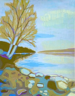 Low Reservoir, colorful Abstract Impressionist landscape gouache