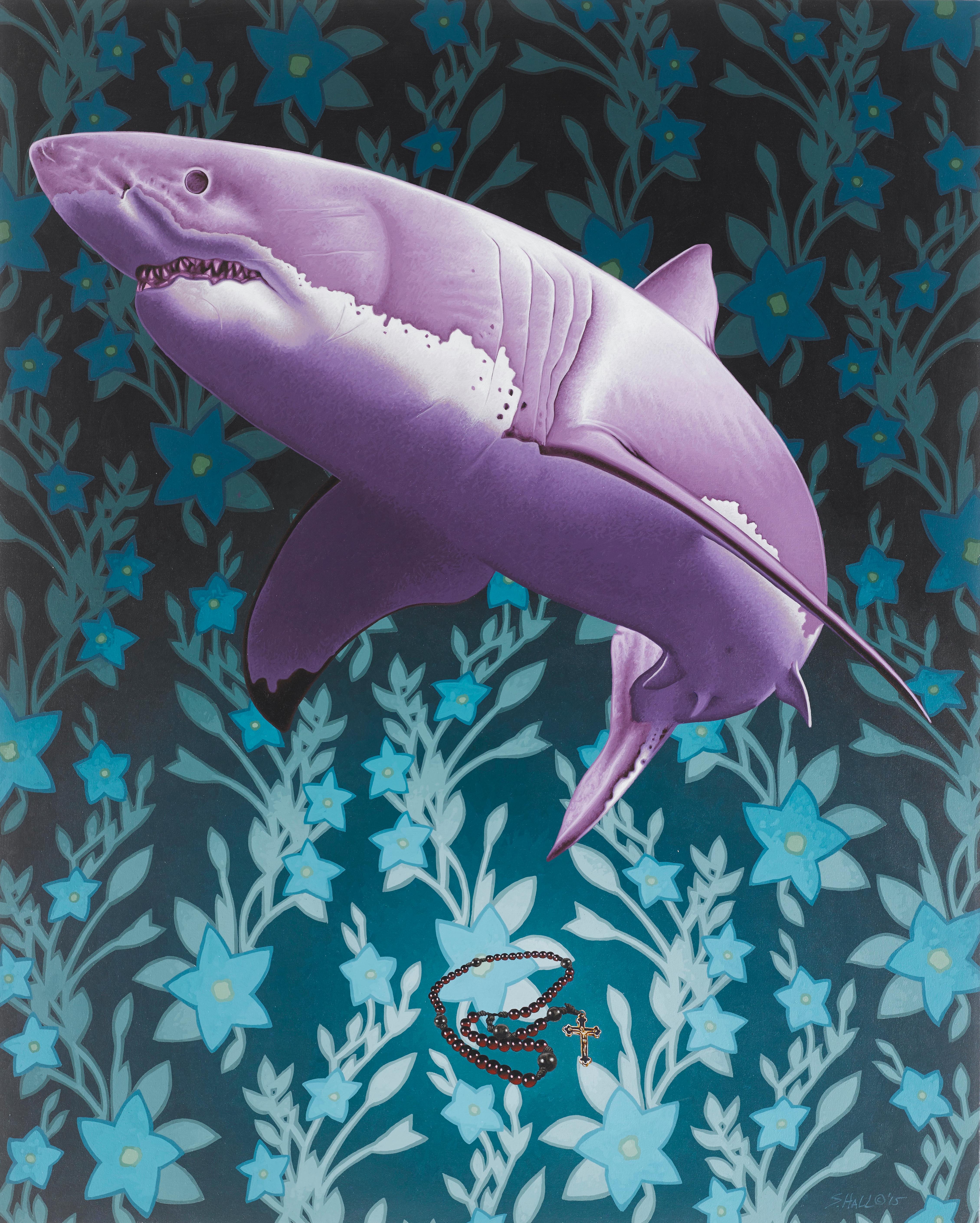 Stephen Hall Still-Life Painting - Painting of shark and prayer beads: 'Let Us Prey'